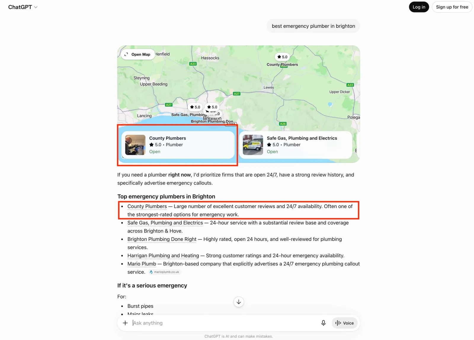 ChatGPT recommending local businesses in response to a search