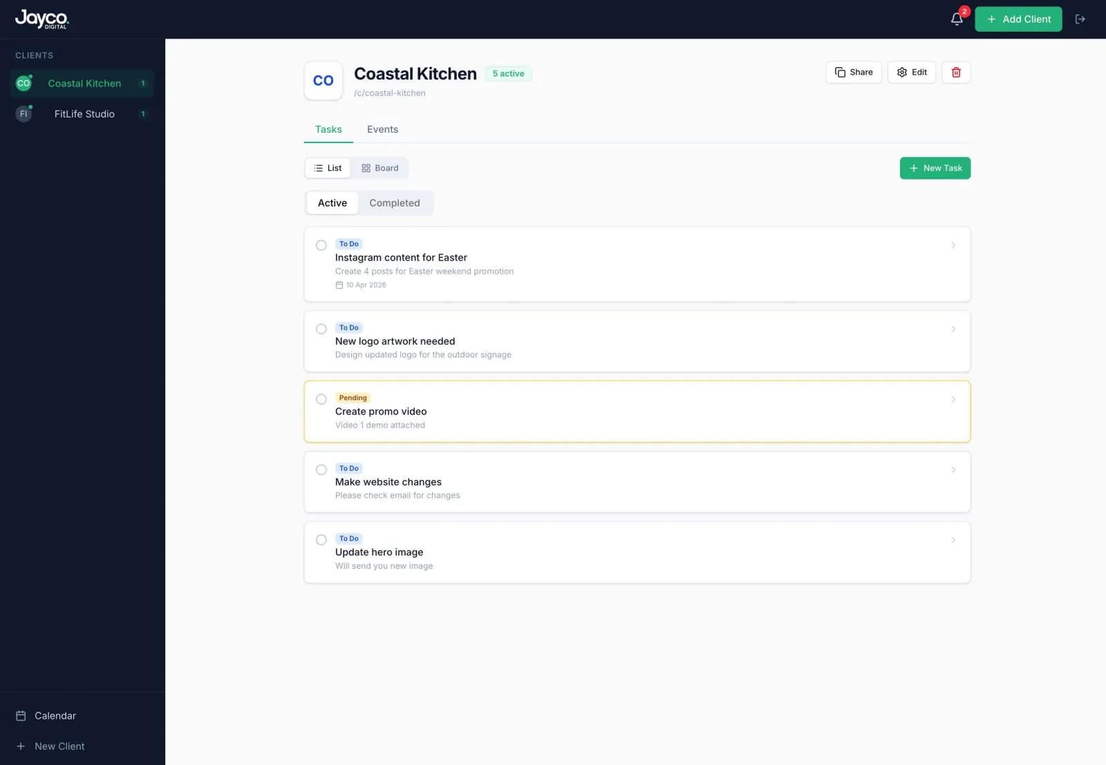 A custom client task management web app built by Jayco Digital