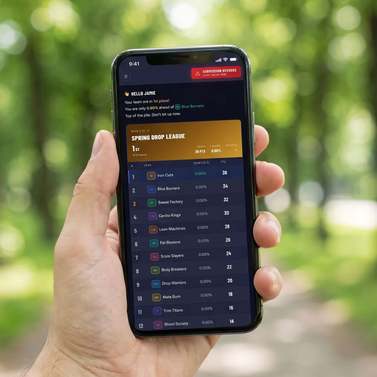 The Drop League web app on a mobile phone, showing a player dashboard and the live team standings