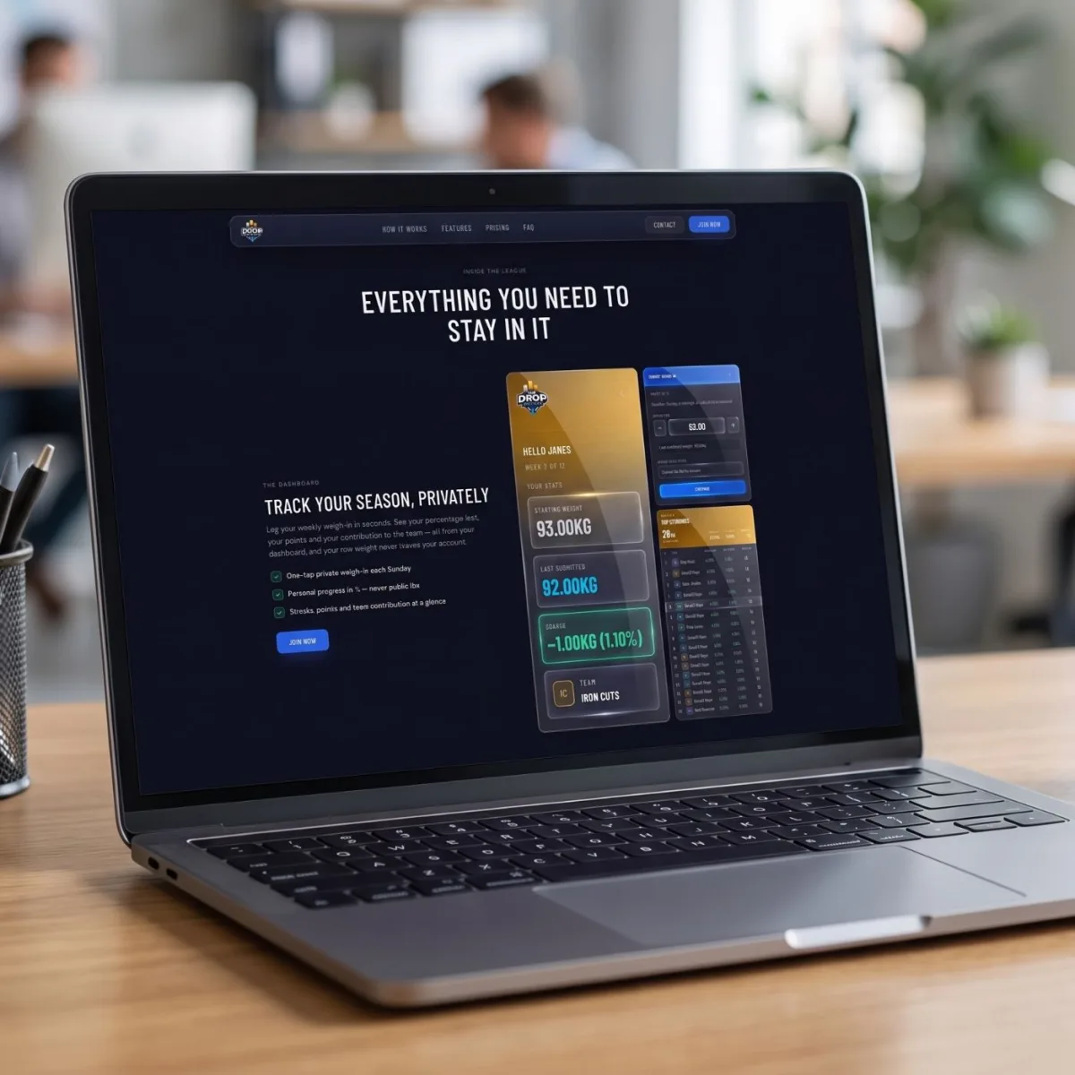 The Drop League dashboard on a laptop, showing a private weigh-in, personal stats and the top contributors table