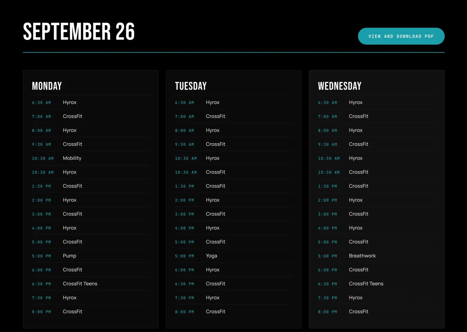 Hybryd Mallorca website, weekly class timetable