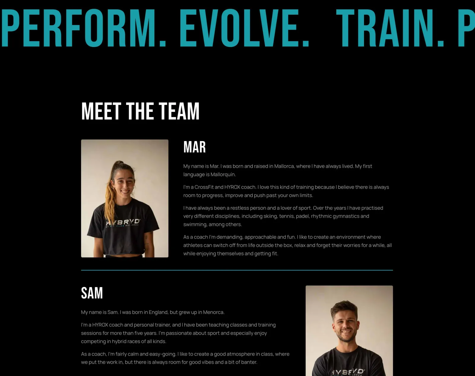 Hybryd Mallorca website, meet the team coach profiles