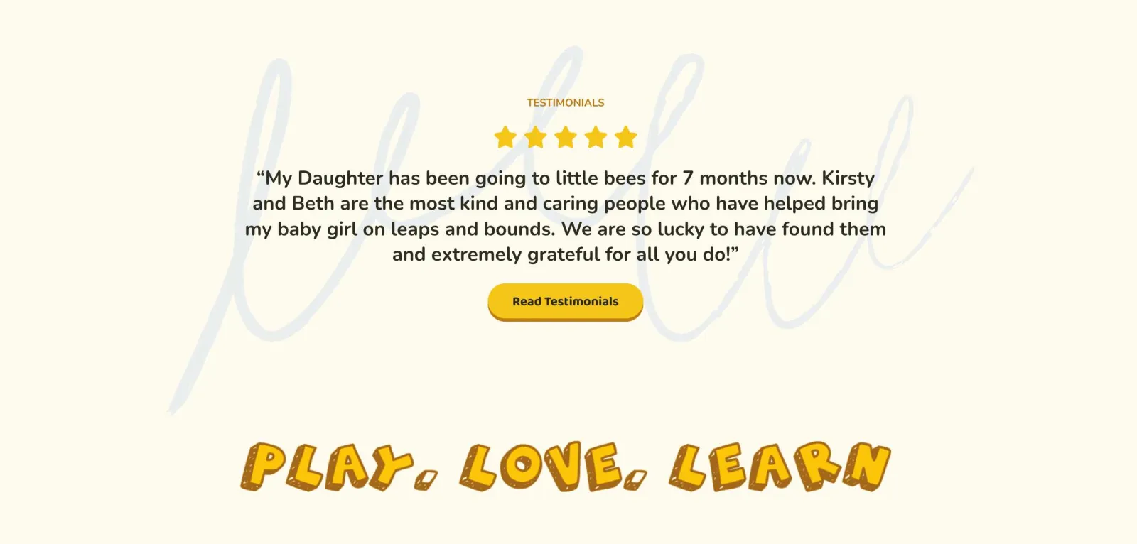 Little Bees Childcare website, parent testimonials