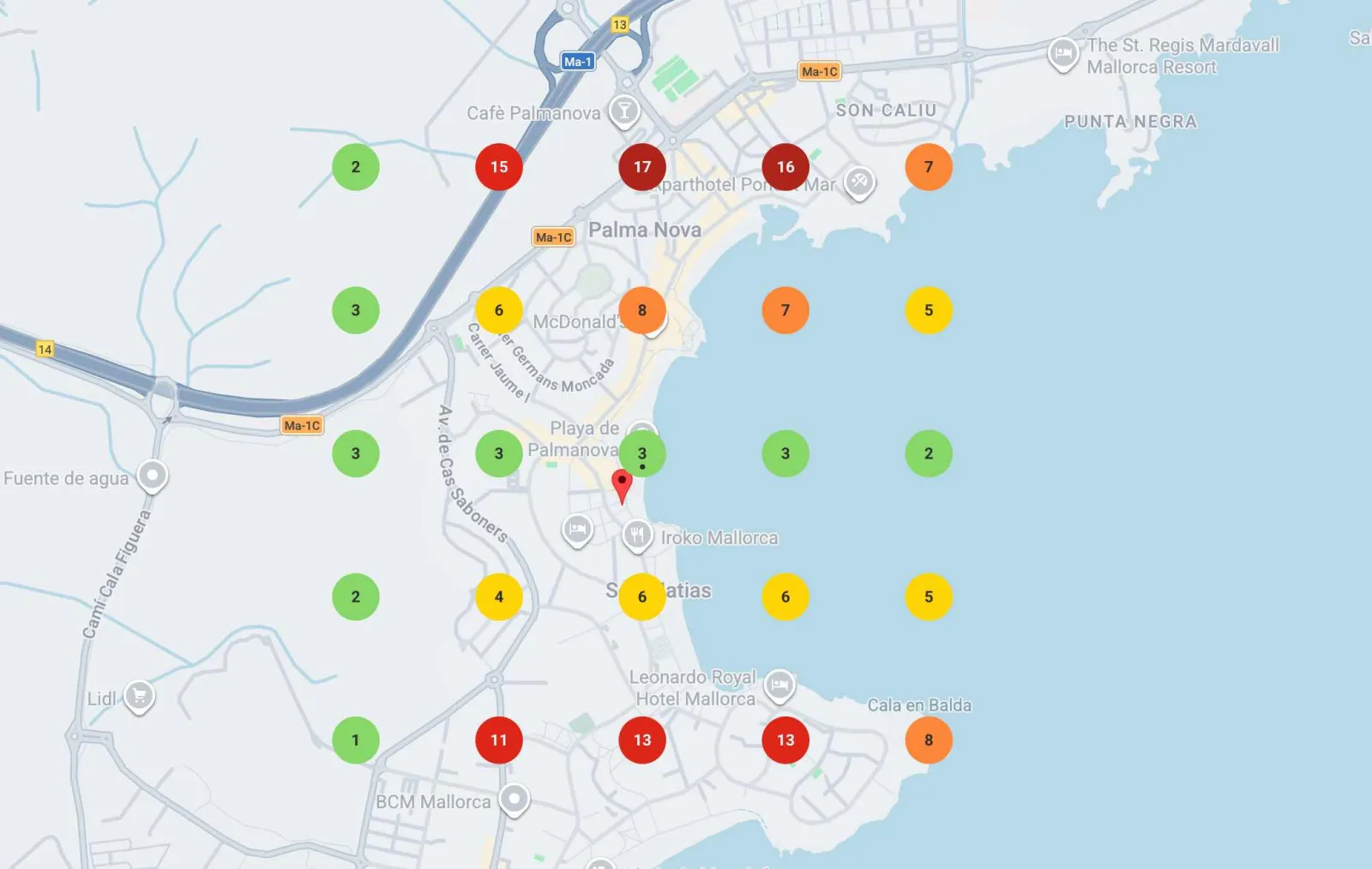 Local map grid showing search ranking positions across an area