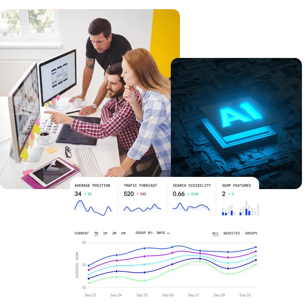 A web design team at work, an AI chip and an SEO rankings dashboard, showing the websites, AI systems and SEO we price