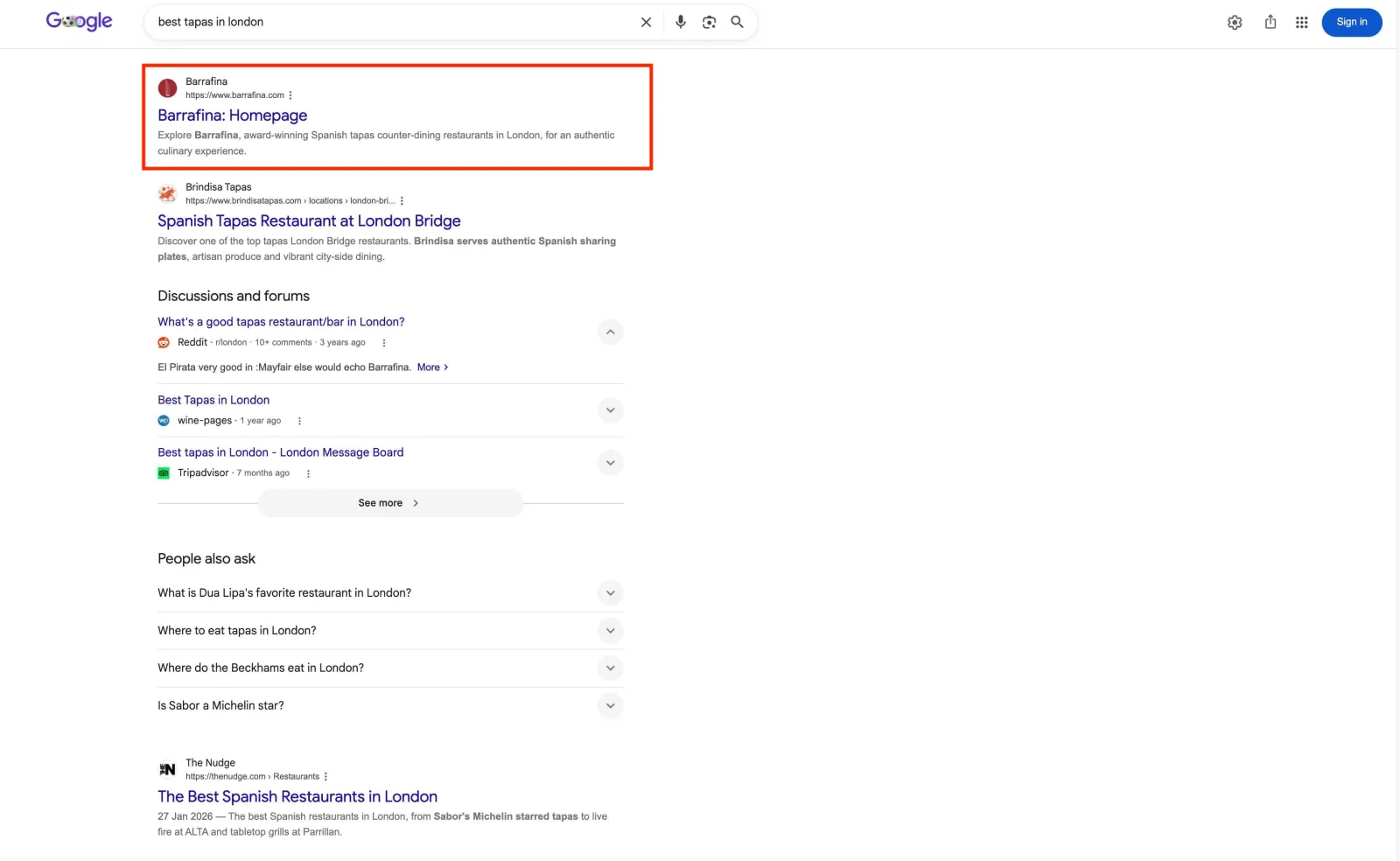Google search results showing a website ranking at the top