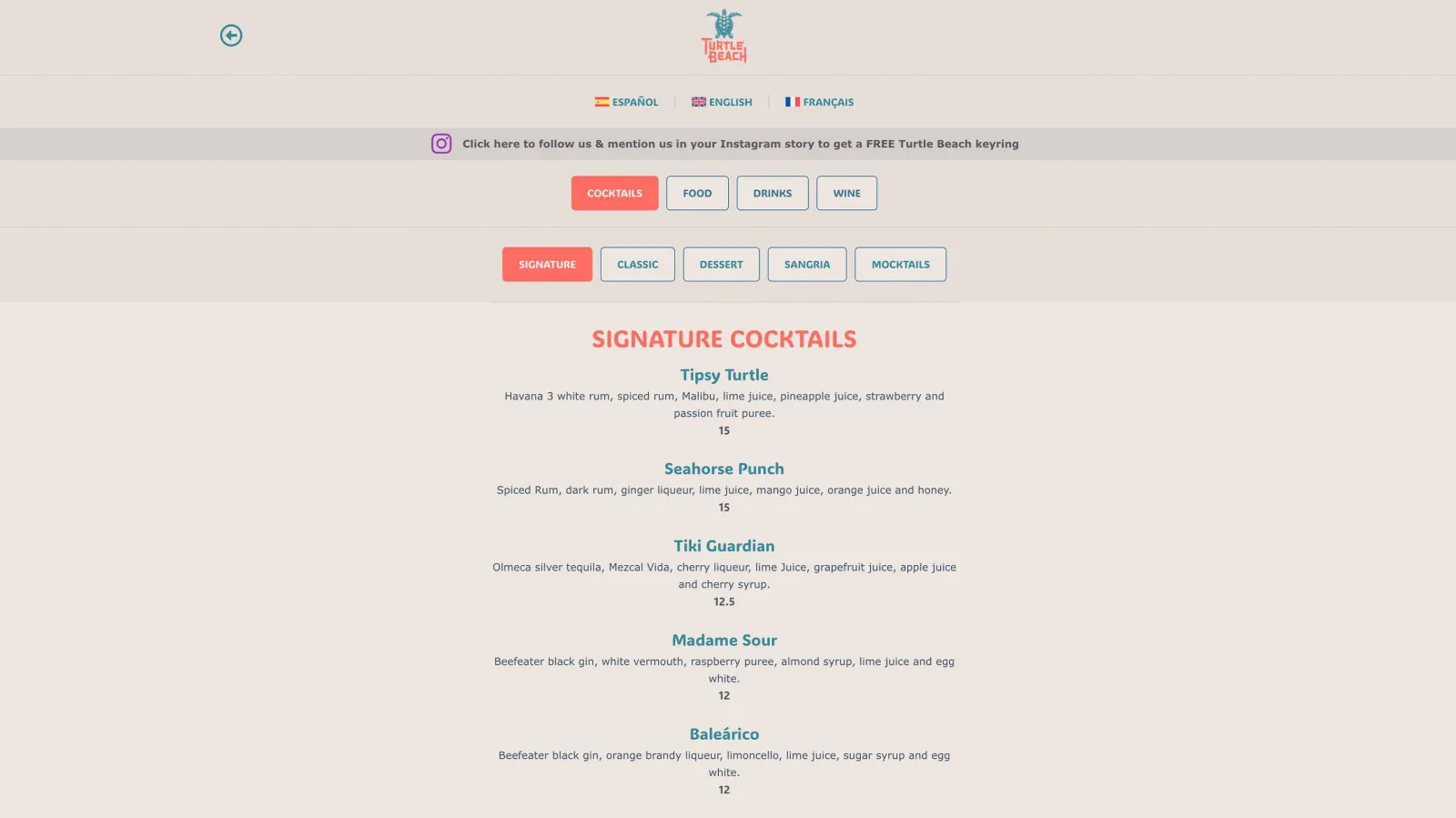 Website design for beach restaurant, Events